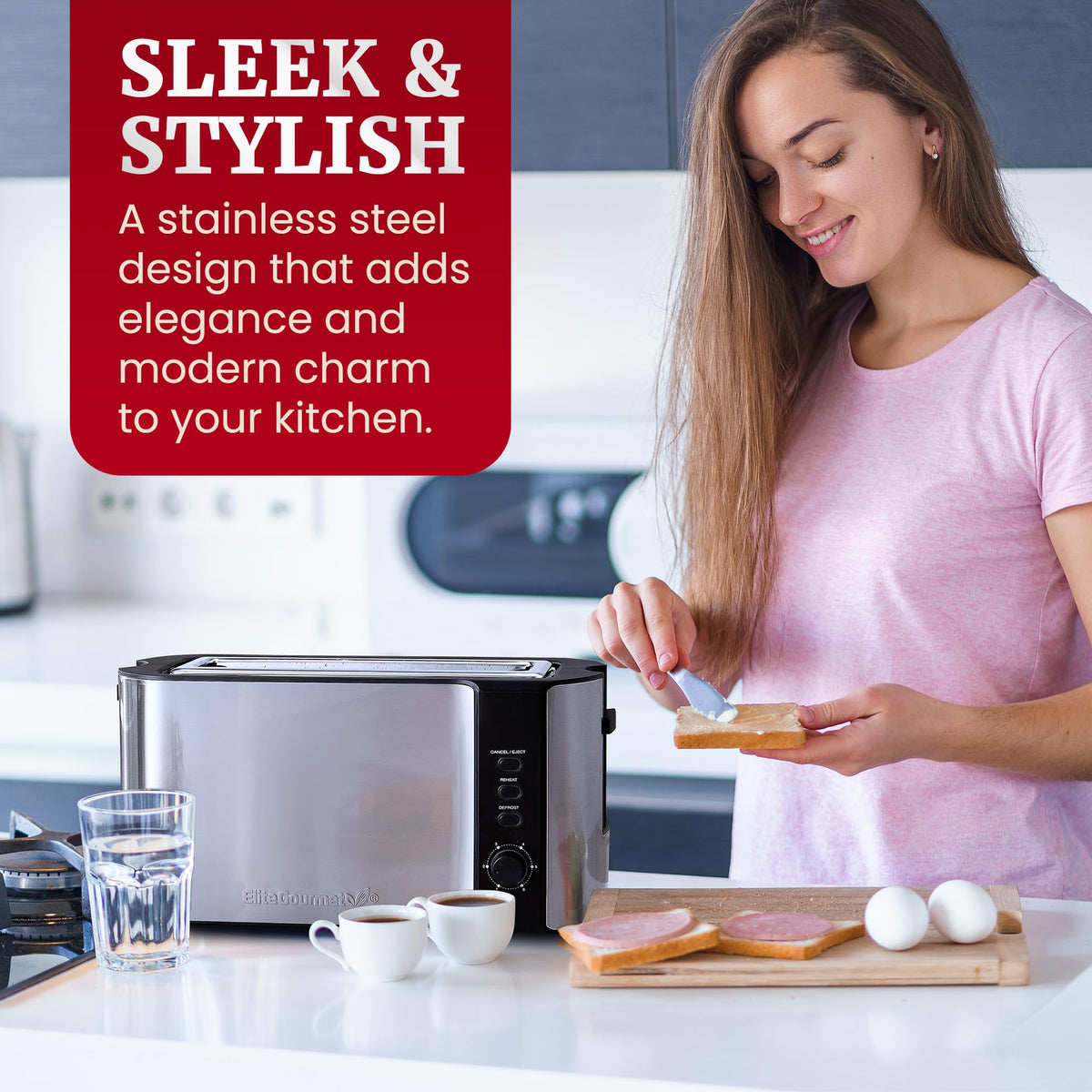 Elite Gourmet ECT3200 stainless steel housing complements modern kitchens.