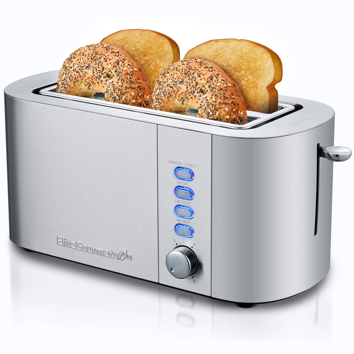 Elite Gourmet ECT4123X front view with extra wide slots for bagels and artisan bread.