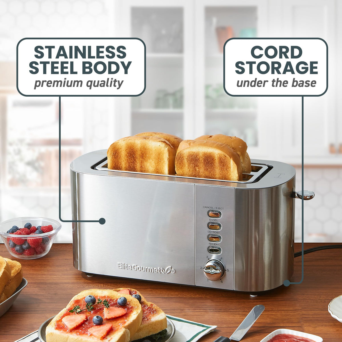 Elite Gourmet ECT4123X interior slot area showing long openings for tall slices.
