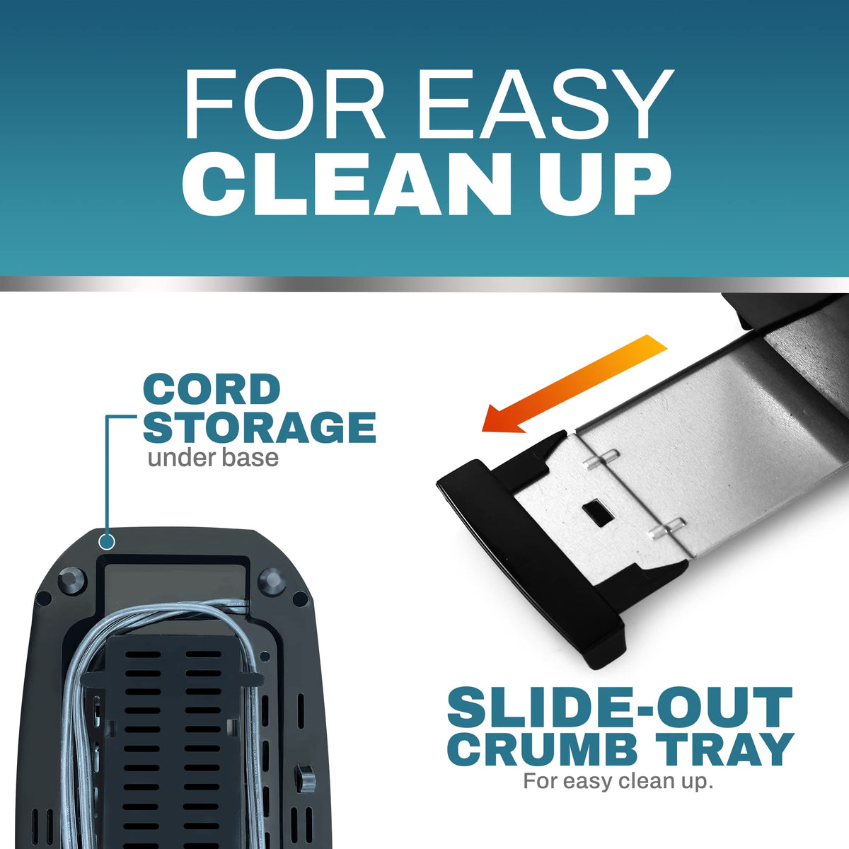 Elite Gourmet ECT4829B slide-out crumb tray keeps counters clean.