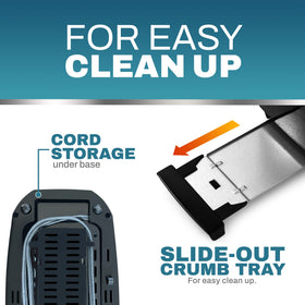 Elite Gourmet ECT4829B slide-out crumb tray keeps counters clean.