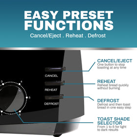 Elite Gourmet ECT4829B defrost and reheat controls for flexible toasting options.