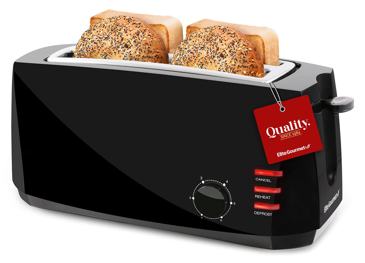 Elite Gourmet ECT4829B long-slot toaster with four wide slots for artisanal bread.