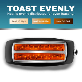 Elite Gourmet ECT4829B wide-slot toaster design supports bagels and waffles evenly.