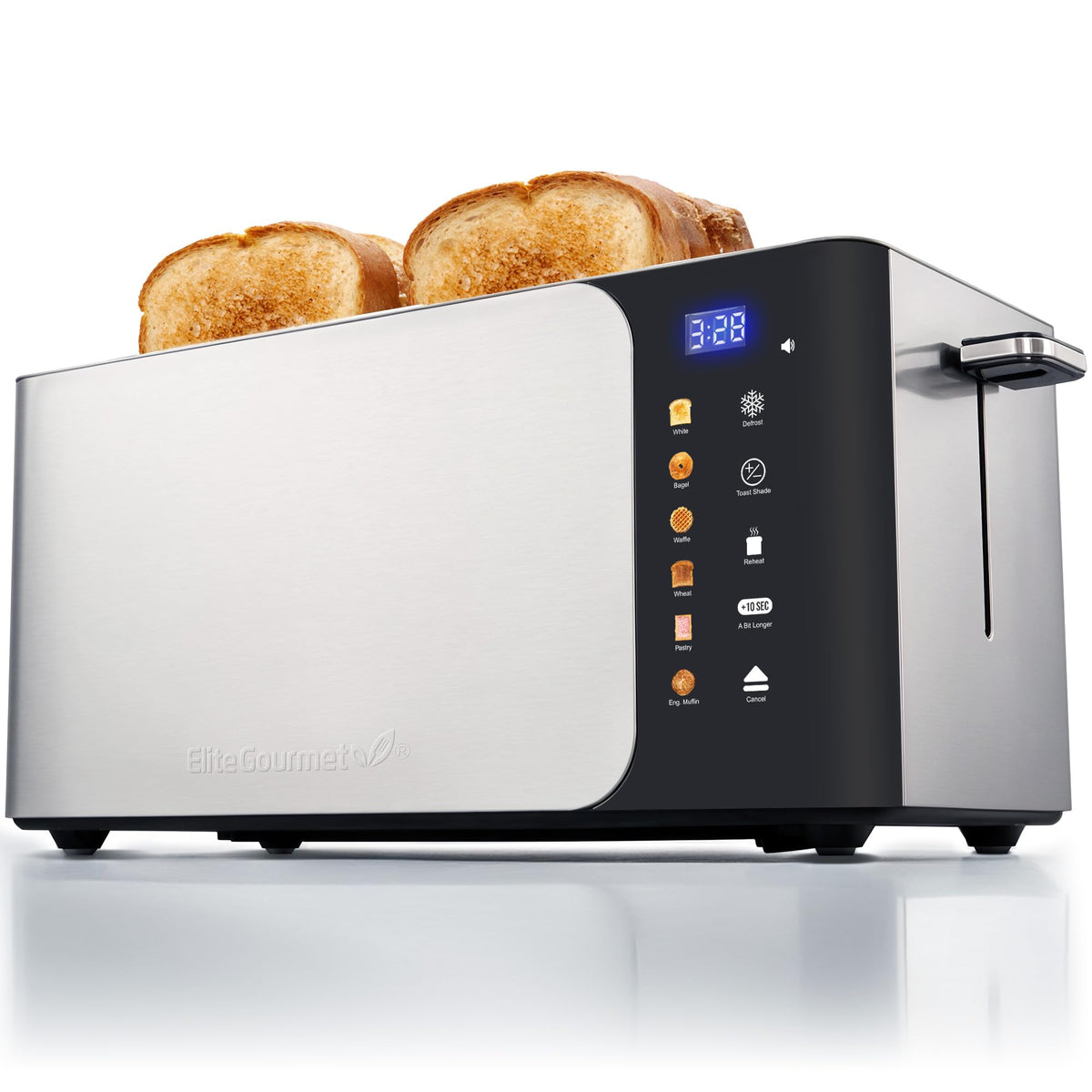 Elite Gourmet ECT5924D front view showing stainless steel and long slots for large slices.