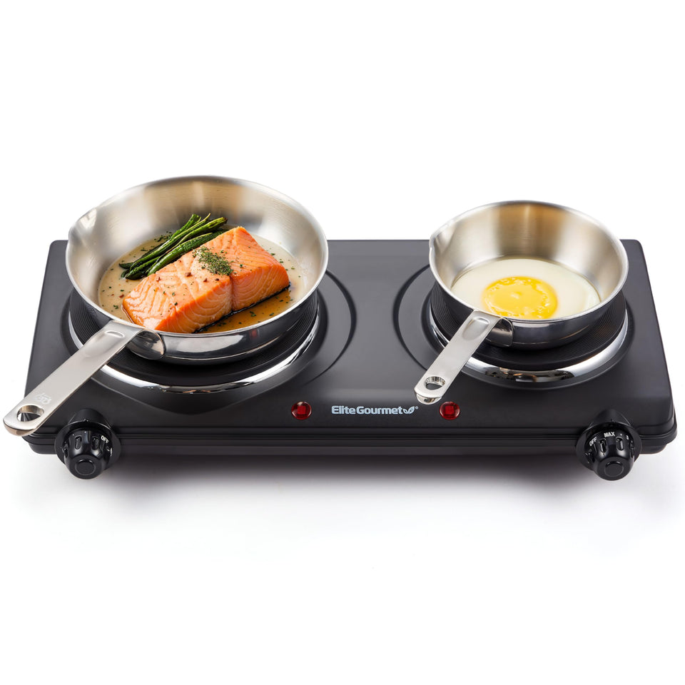 Elite Gourmet EDB-302BF dual burner front view showing compact design and controls