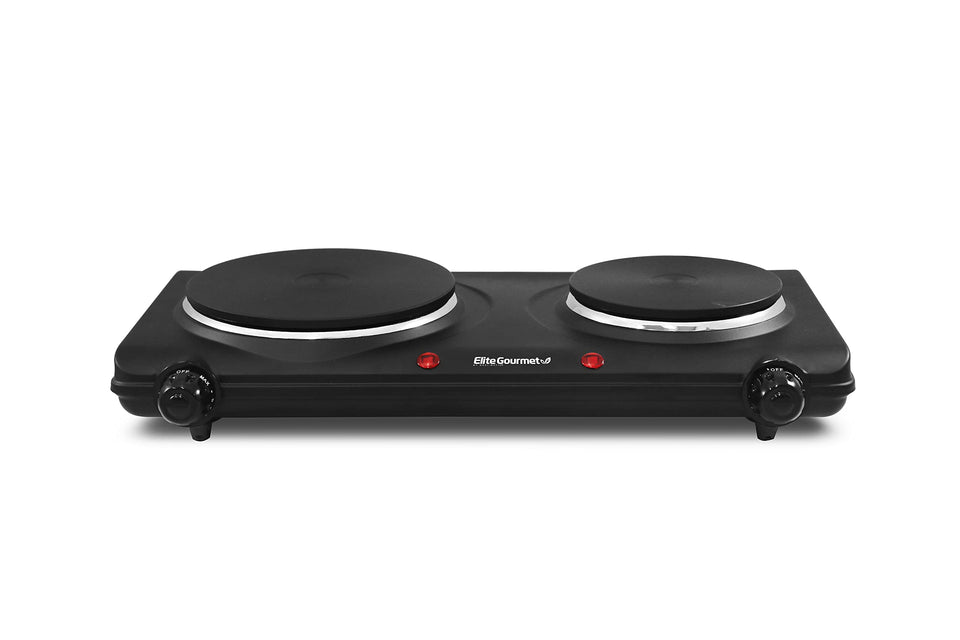 Elite Gourmet EDB-302BF dual cast-iron burner front view for extra cooking space.