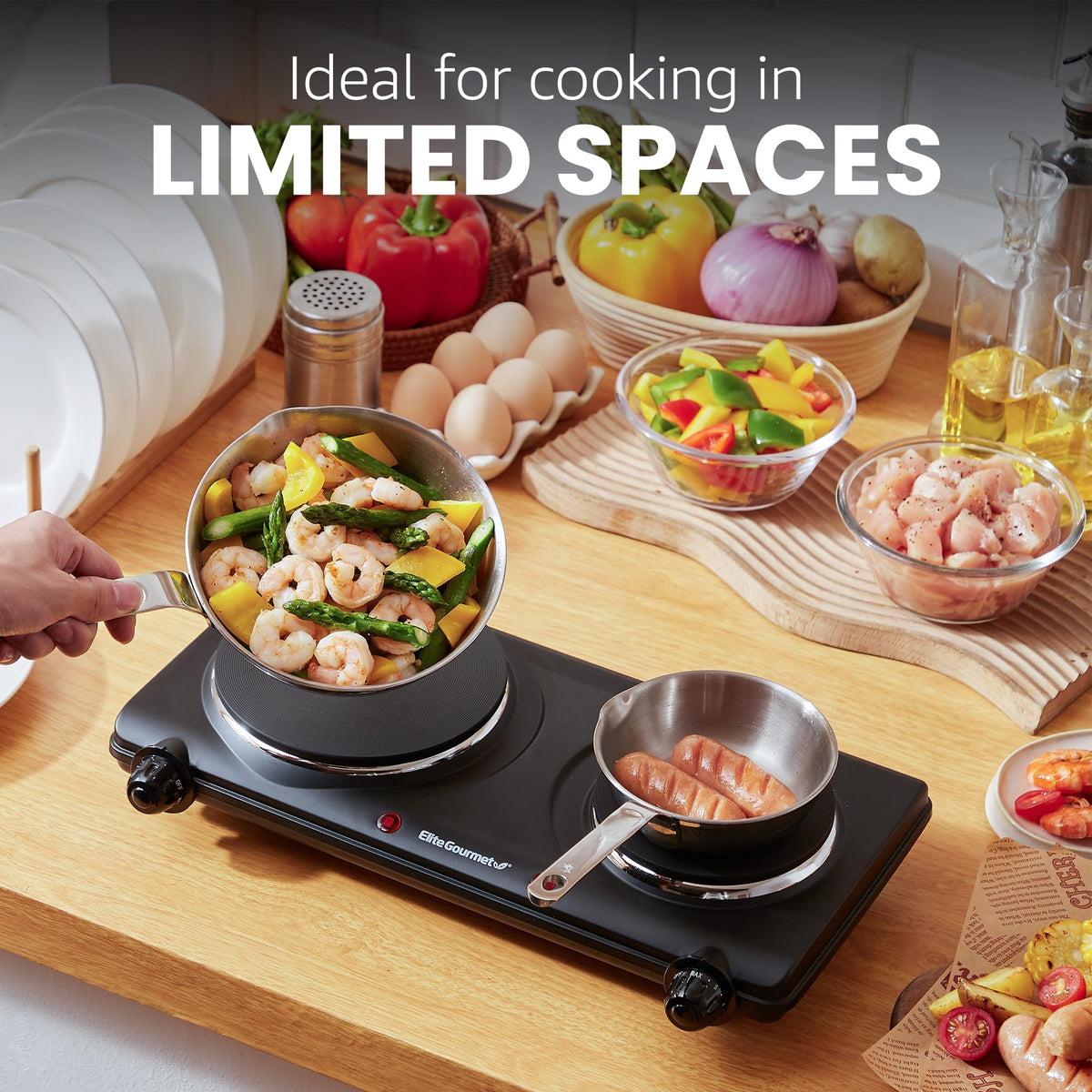 Elite Gourmet EDB-302BF in use at a buffet setup for entertaining