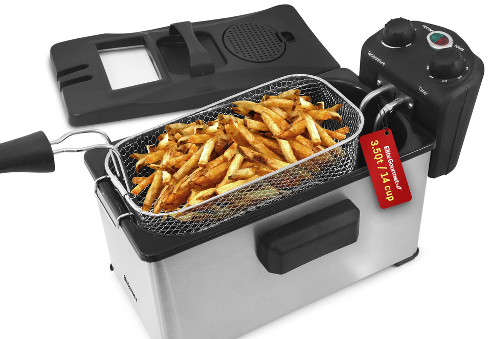 Elite Gourmet EDF-3500 front view shows a sleek deep fryer for quick, crispy meals.
