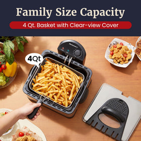Elite Gourmet EDF475 4qt basket with drain hooks for mess-free frying.