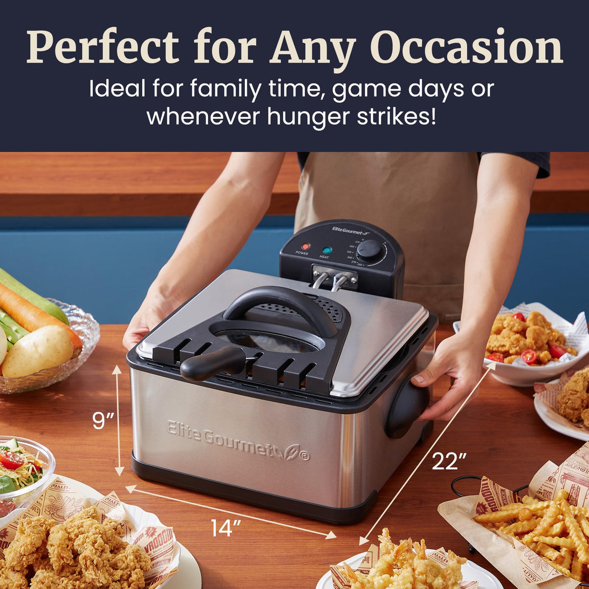 Elite Gourmet EDF475 adjustable thermostat for precise heat control.