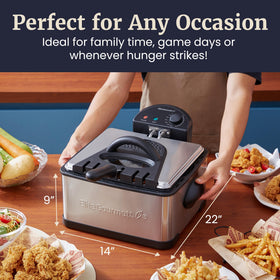 Elite Gourmet EDF475 adjustable thermostat for precise heat control.
