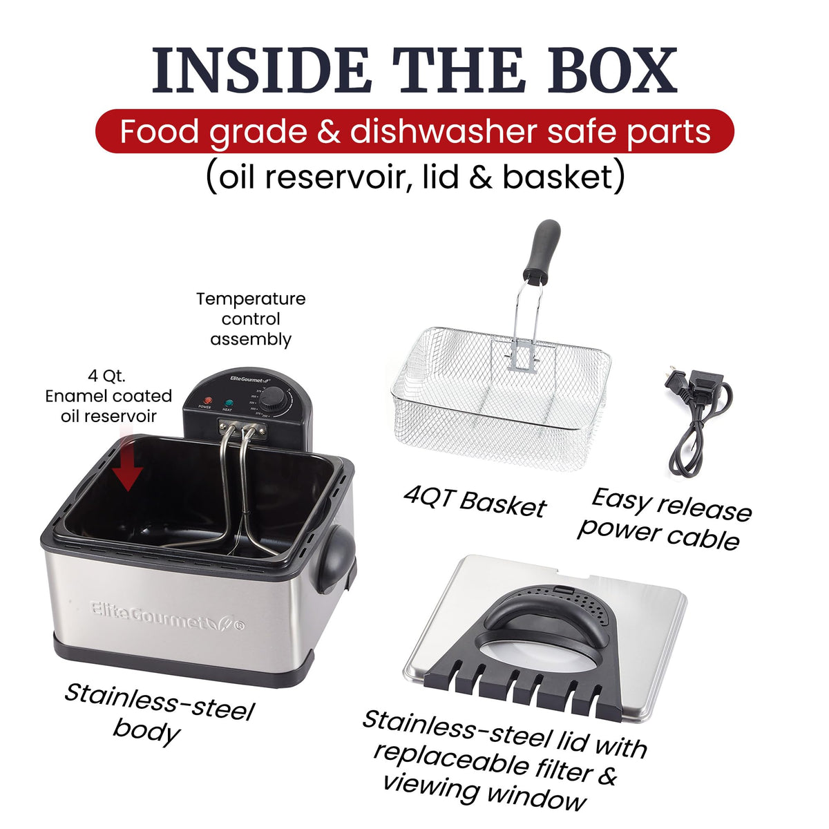 Elite Gourmet EDF475 removable cool-touch handle for safe, comfortable frying.