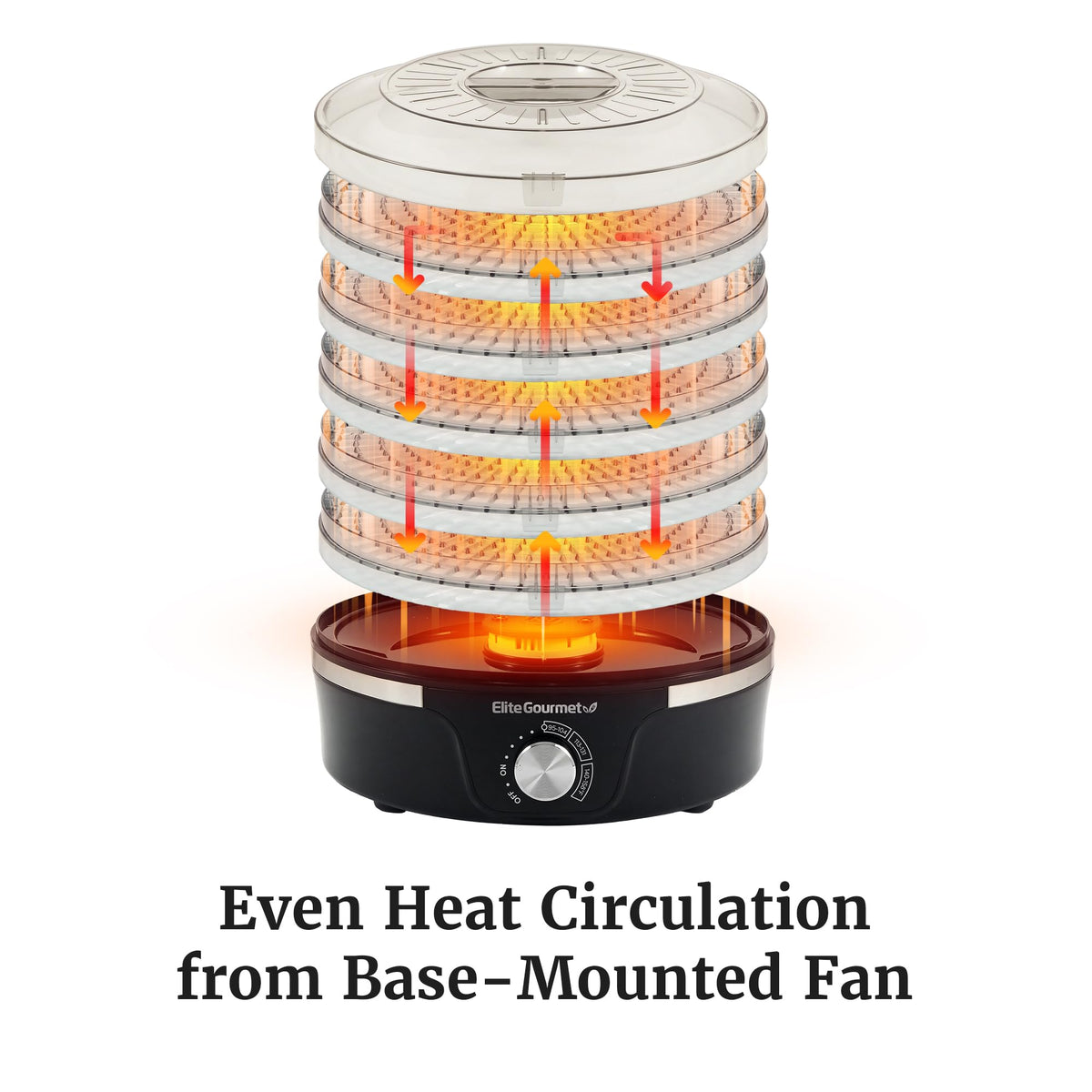 Elite Gourmet EFD319 stackable trays enabling larger batches.