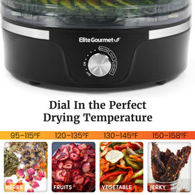 Elite Gourmet EFD319 temperature dial close-up for precise drying control.