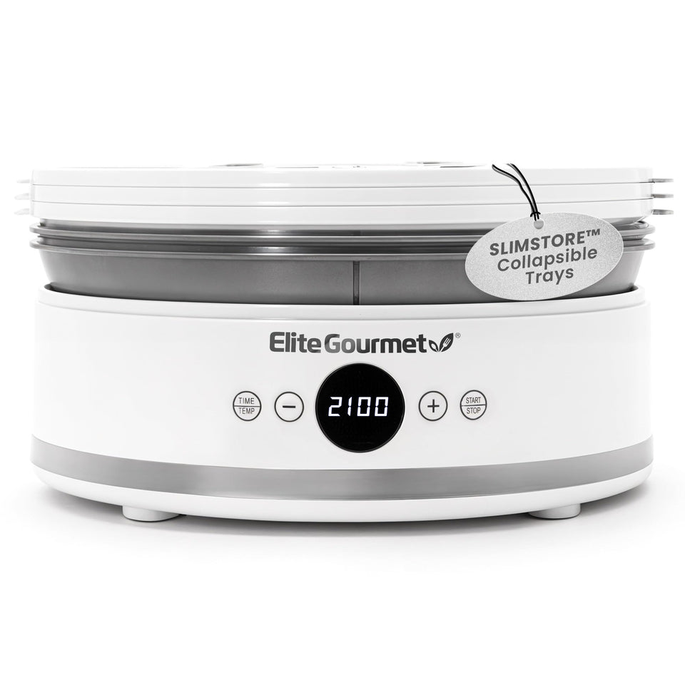 Elite Gourmet EFD329WD dehydrator top view showing space-saving countertop design