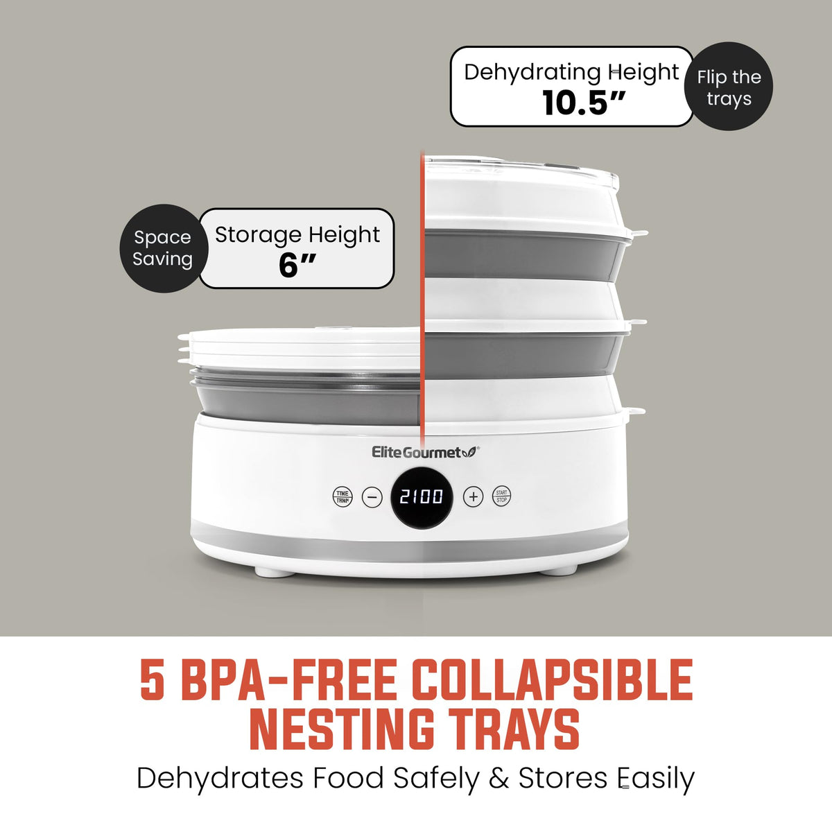 Elite Gourmet EFD329WD tray close-up highlighting BPA-free design for safe drying