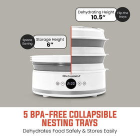 Elite Gourmet EFD329WD tray close-up highlighting BPA-free design for safe drying