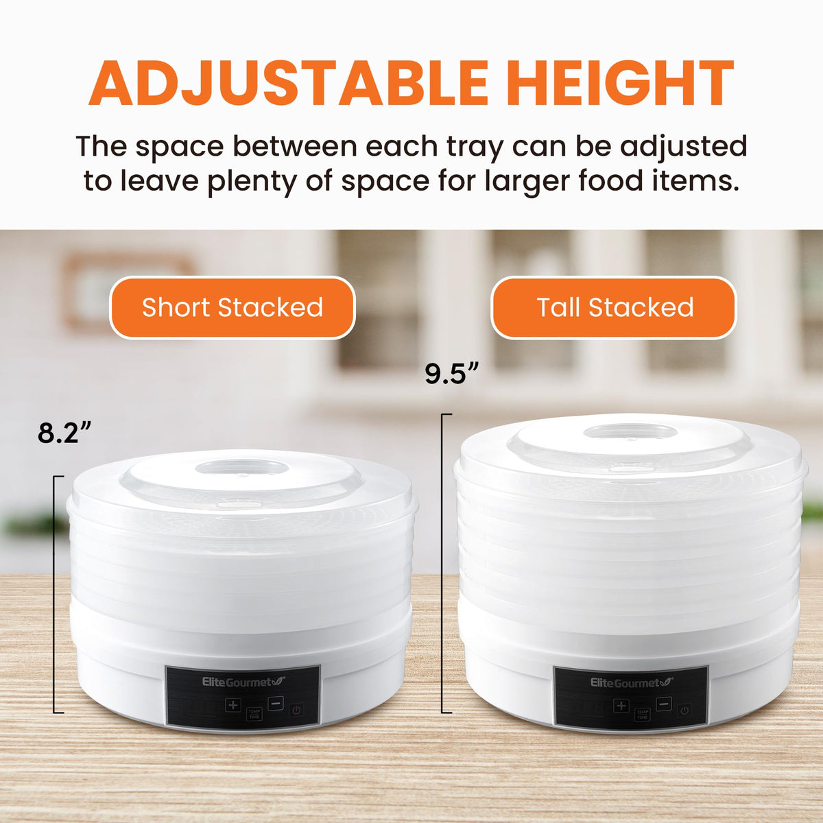 Elite Gourmet EFD770WD 48-hour timer enables flexible dehydration planning.
