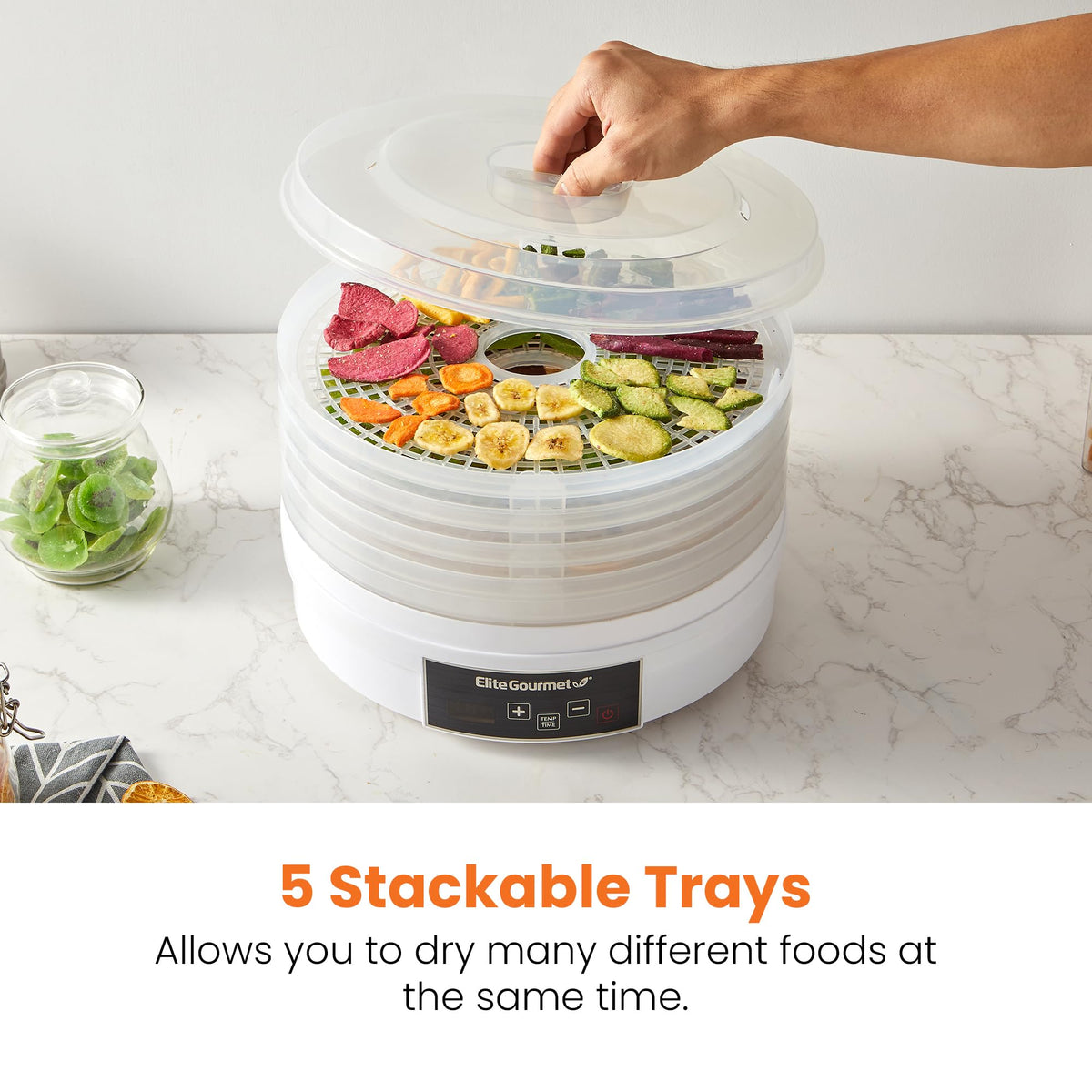 Elite Gourmet EFD770WD BPA-free trays close-up emphasizes safe, easy cleaning surface.
