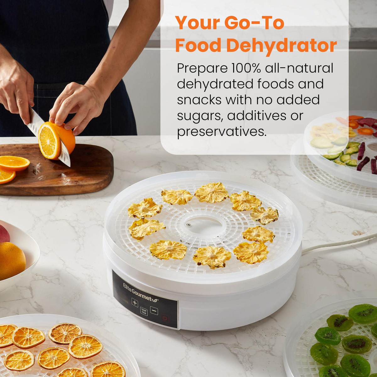 Elite Gourmet EFD770WD trays assembly shows five-tier capacity for batch drying.