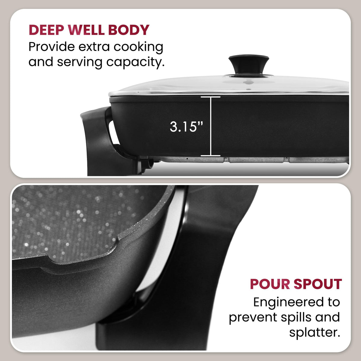 Elite Gourmet EG-6203 pour-spout enables clean draining of juices.