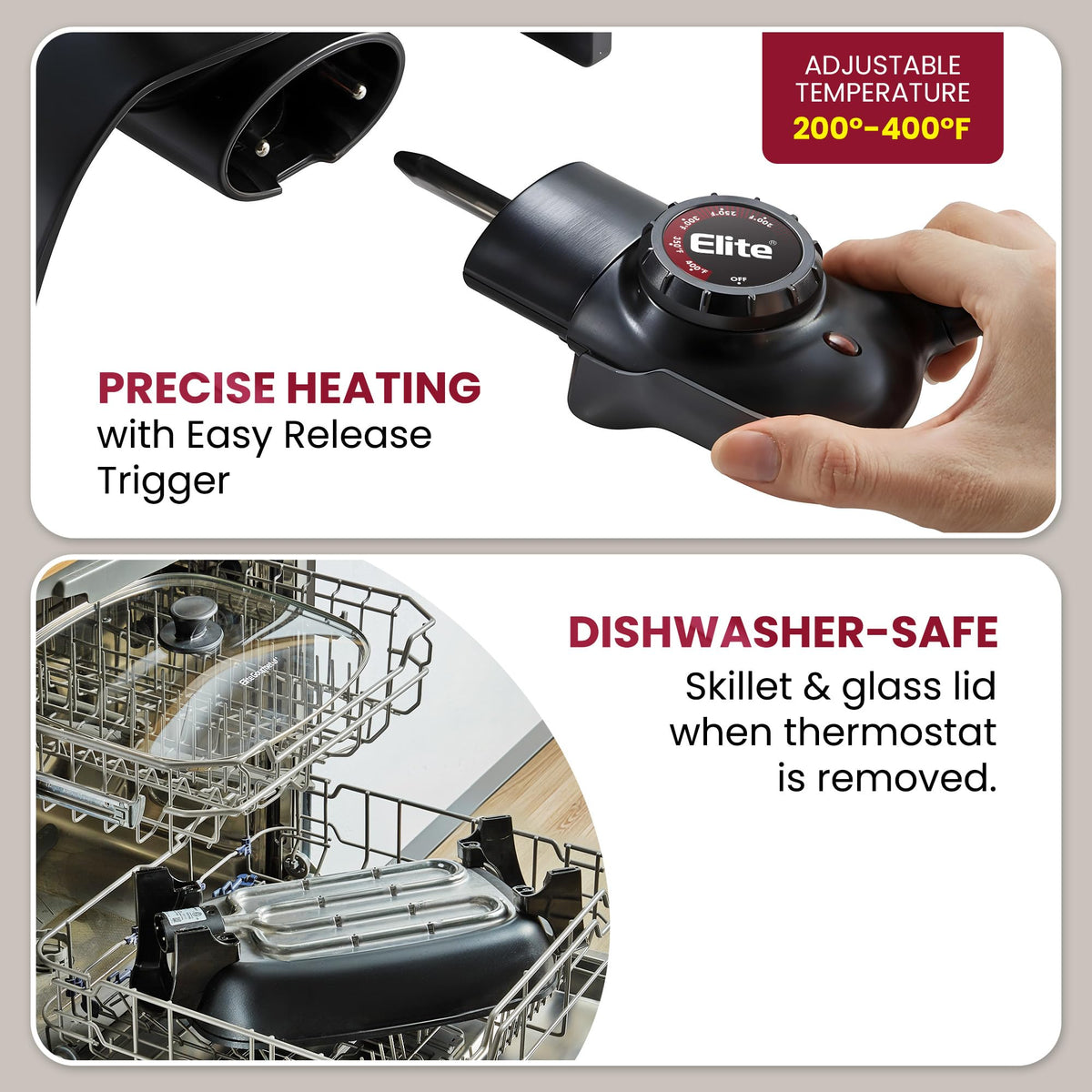 Elite Gourmet EG-6203X embedded heating element delivers even heat.