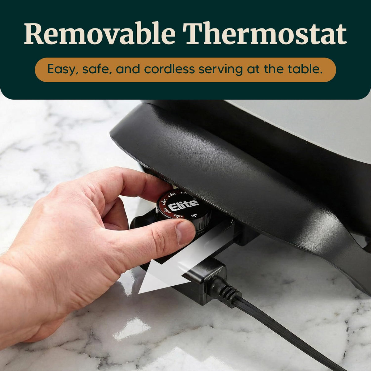 Elite Gourmet EG808 removable thermostat enables precise heat control from simmer to sear