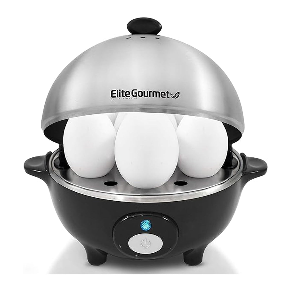 Elite Gourmet EGC-508 front view egg cooker, compact for quick breakfasts.