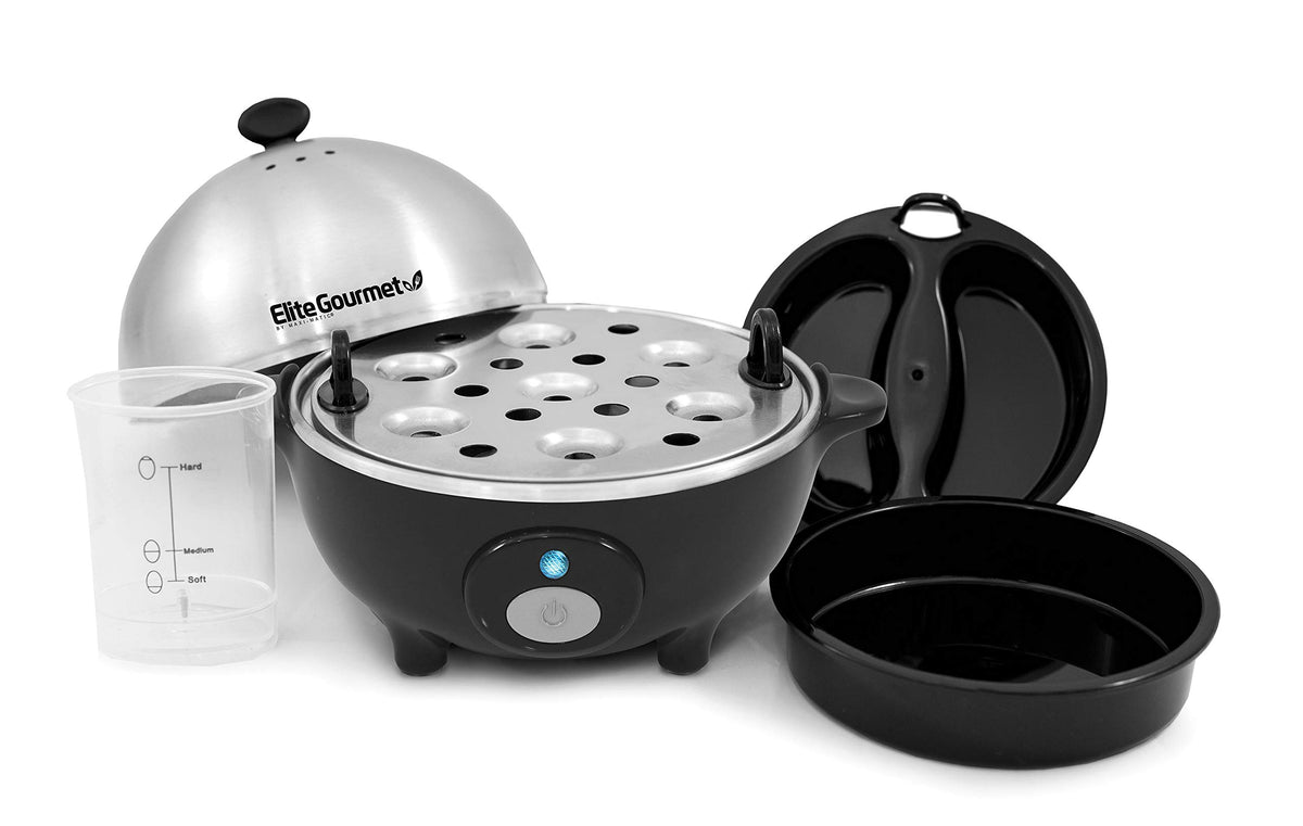Elite Gourmet EGC-508 measuring cup with piercing pin shown for crack-free eggs.