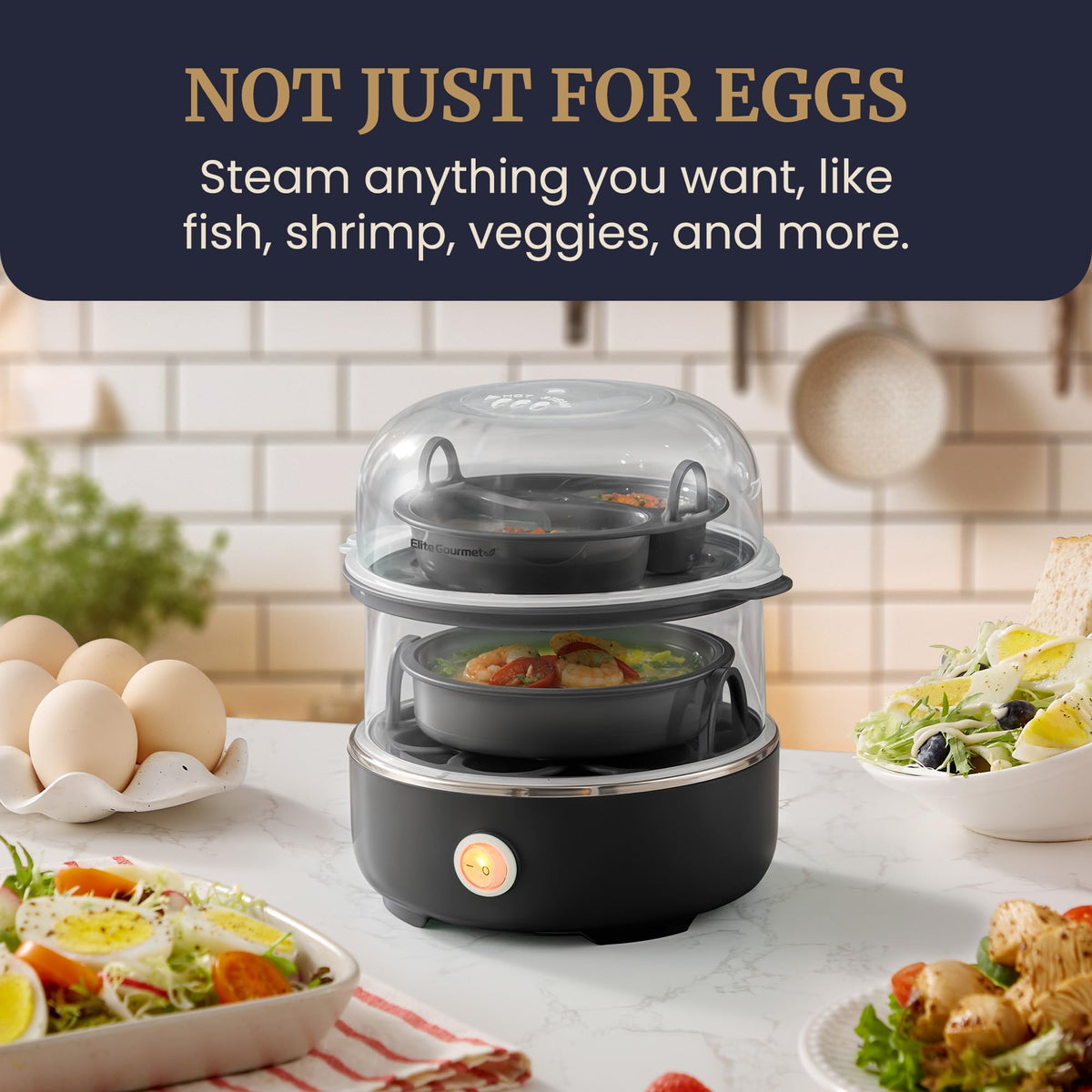 Elite Gourmet EGC1215B two 7-egg trays for large batch eggs