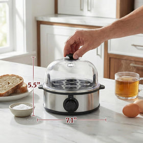 Elite Gourmet EGC648 poaching-tray prepares two eggs with gentle steam.