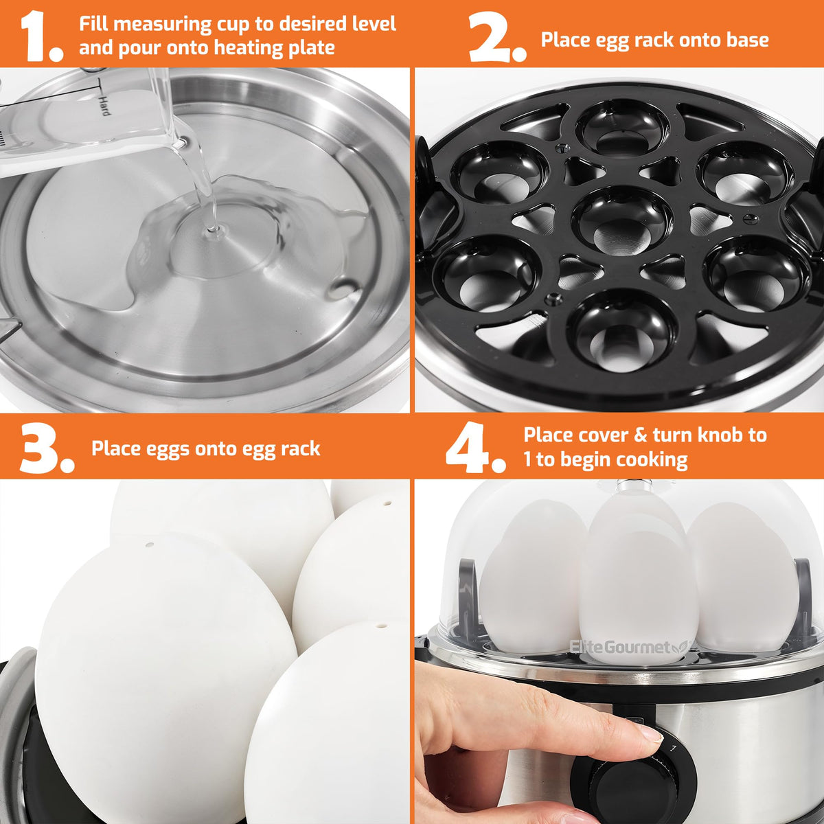 Elite Gourmet EGC724SS poaching tray in action for two eggs