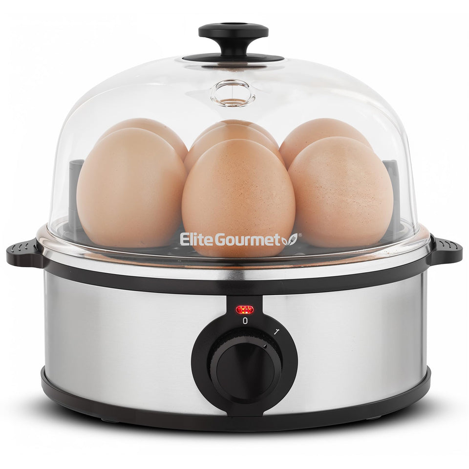Elite Gourmet EGC724SS egg cooker top view on counter for quick breakfasts