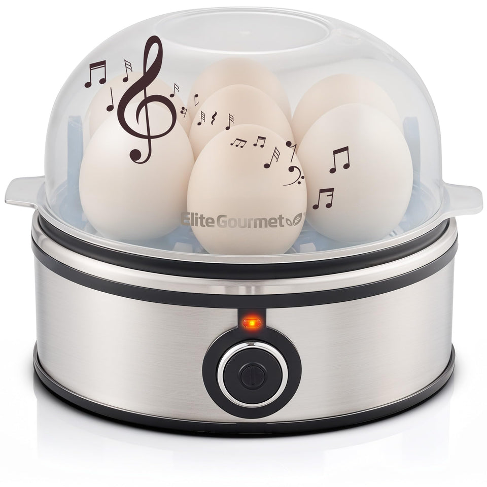 Elite Gourmet EGC855SS egg cooker base with accessories for quick breakfast prep.