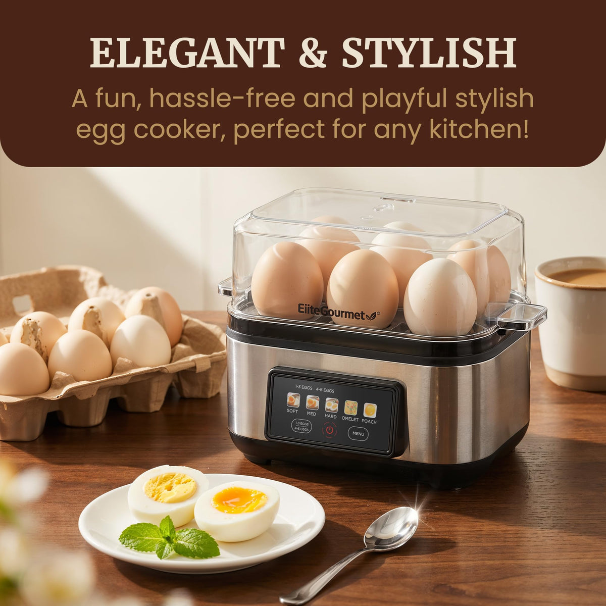 Elite Gourmet EggLogic compact design fits neatly on kitchen countertops.
