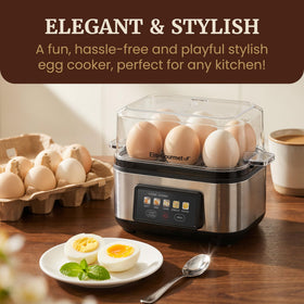 Elite Gourmet EggLogic compact design fits neatly on kitchen countertops.