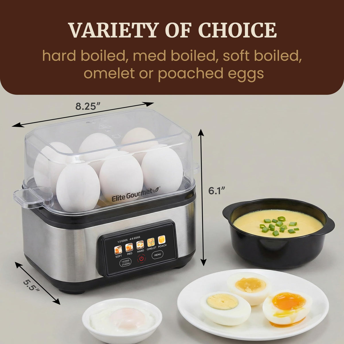 Elite Gourmet EggLogic fluffy omelets with cheese show versatile breakfast options.