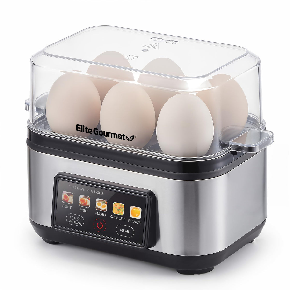 Elite Gourmet EggLogic front view showcases sleek stainless steel design for modern kitchens.