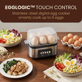 Elite Gourmet EggLogic graphic display close-up highlights easy one-touch programming.