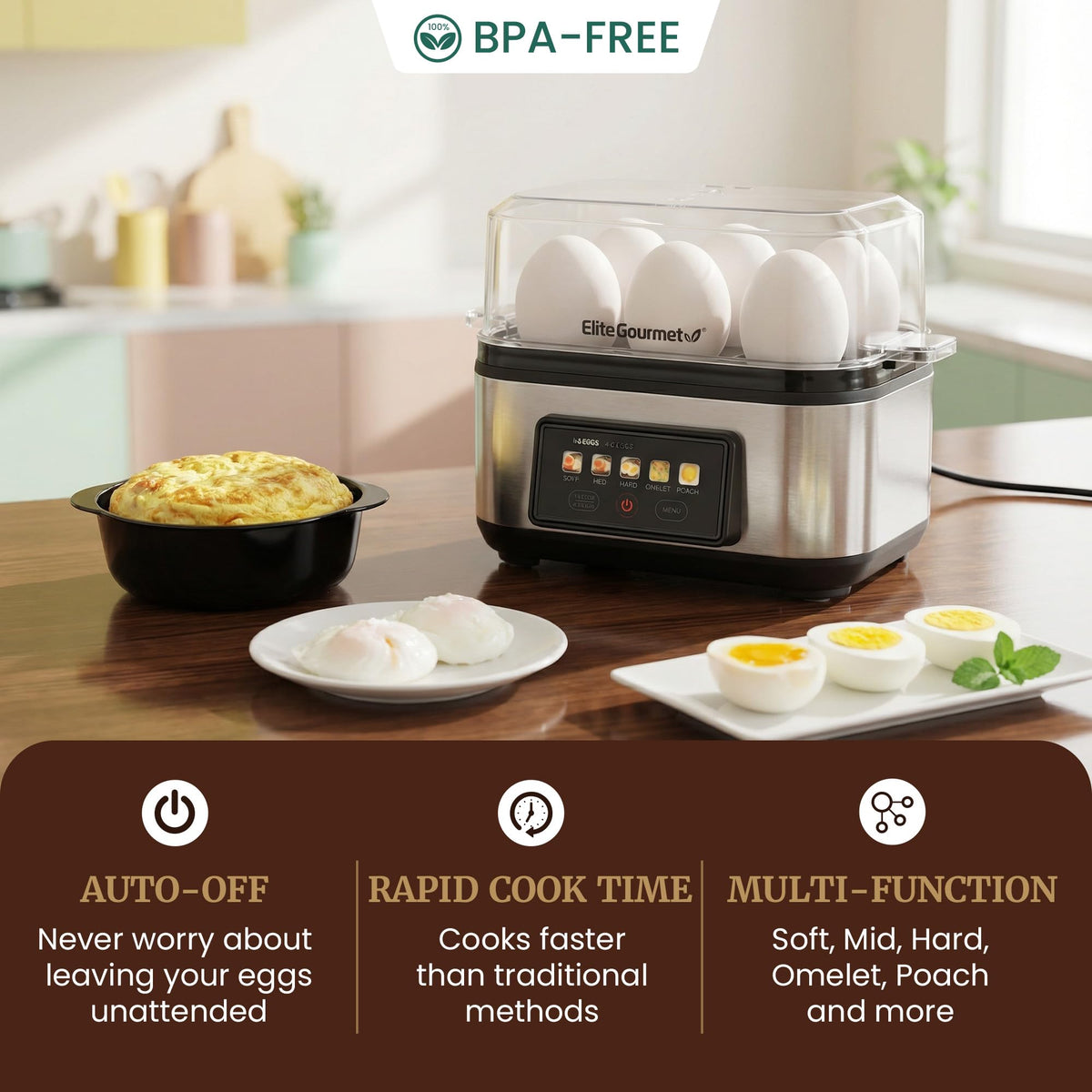 Elite Gourmet EggLogic stainless steel heating plate ensures durable, even steam cooking.