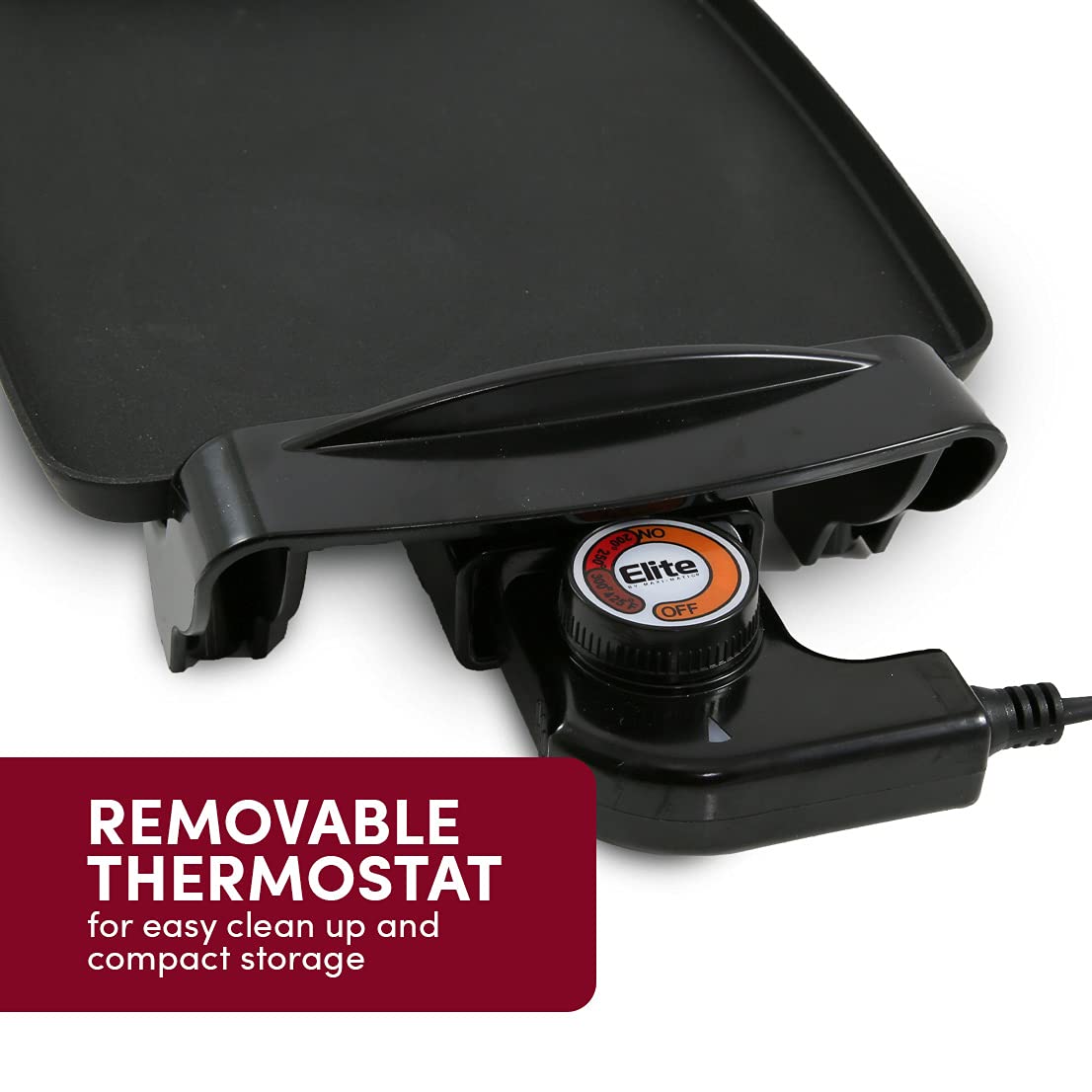 Cool-touch handles on Elite Gourmet griddle for safe serving