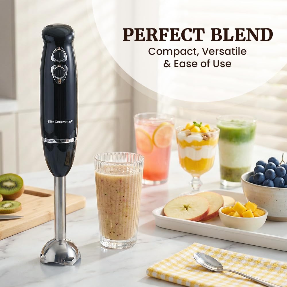 Elite Gourmet EHB1015 in hand demonstrates lightweight grip for precise blending.
