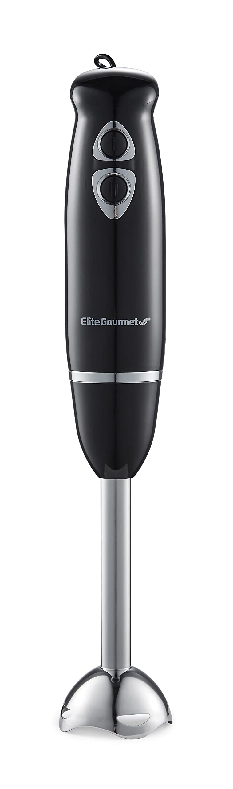 Elite Gourmet EHB1015 immersion blender close-up of stainless steel blade for smooth blends.