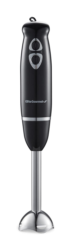 Elite Gourmet EHB1015 immersion blender close-up of stainless steel blade for smooth blends.