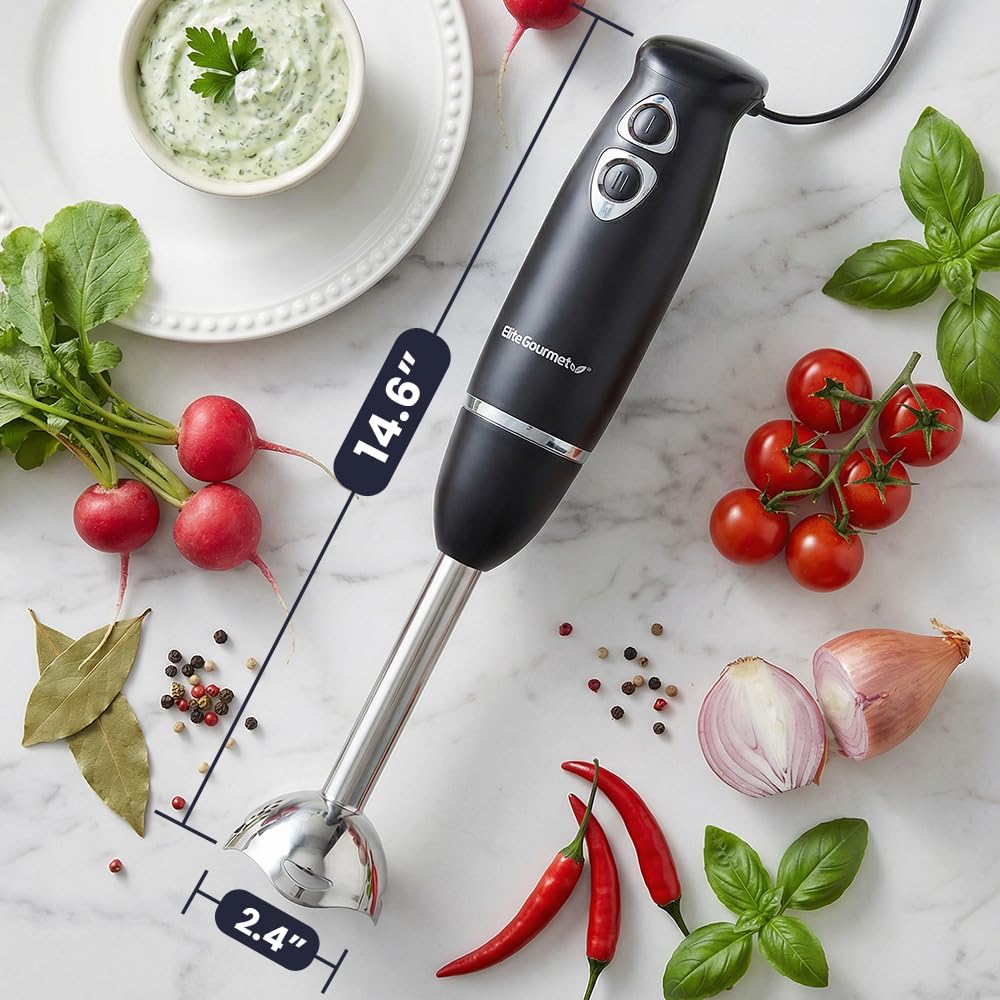 Elite Gourmet EHB1015 in use with soup shows compact power at work.