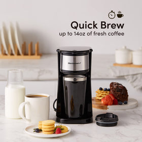 Elite Gourmet EHC-112B 14oz insulated travel mug keeps beverages hot on the go.