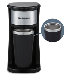 Elite Gourmet EHC-112B coffee maker front view highlights a compact design for small spaces.