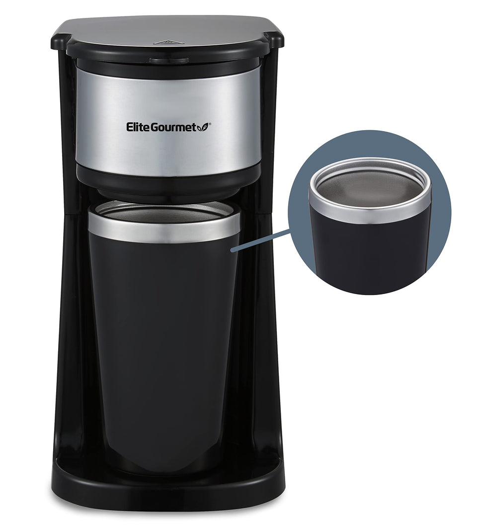 Elite Gourmet EHC-112B coffee maker front view highlights a compact design for small spaces.