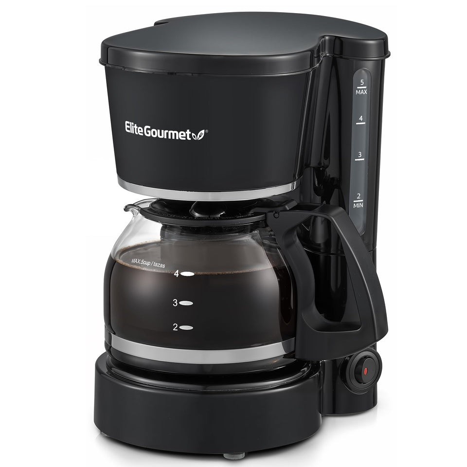 Elite Gourmet EHC-5055 5-cup coffeemaker on a kitchen counter for quick mornings